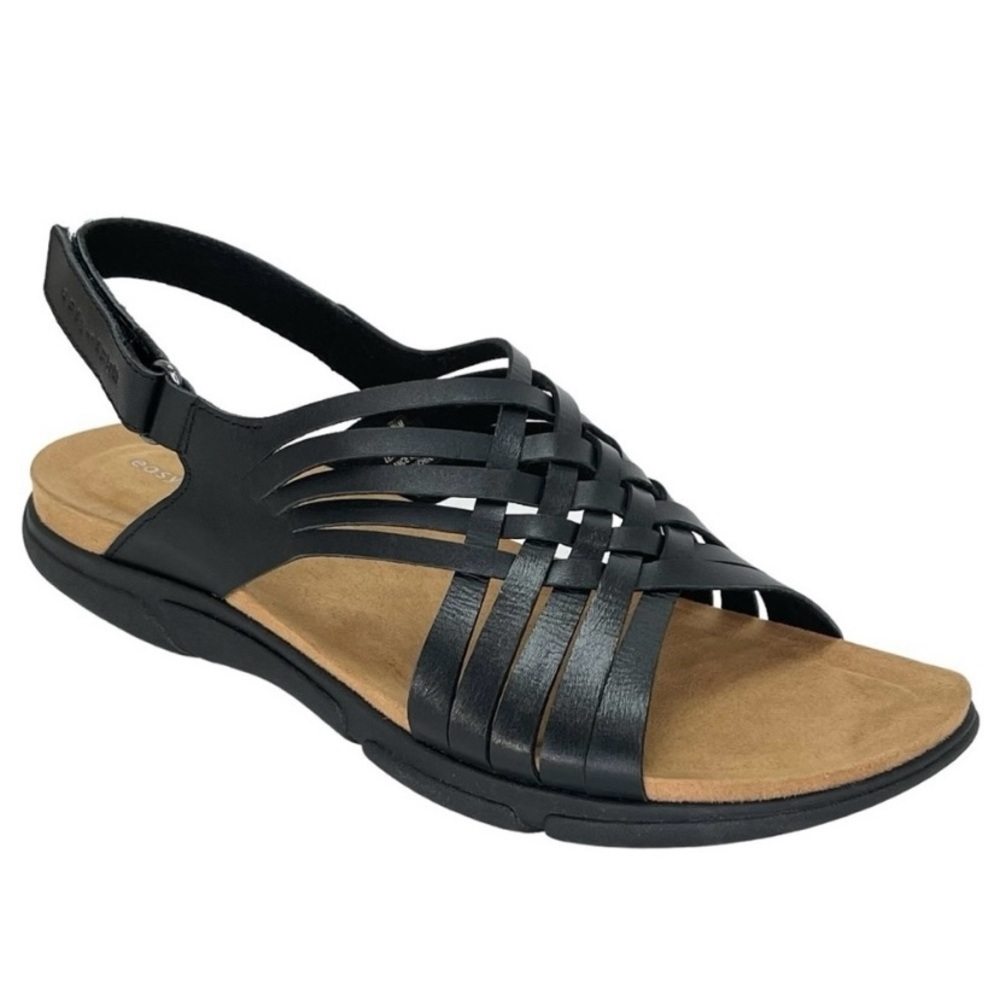 Easy Spirit Womens Mar Black Woven Leather Flat Sandals Shoes